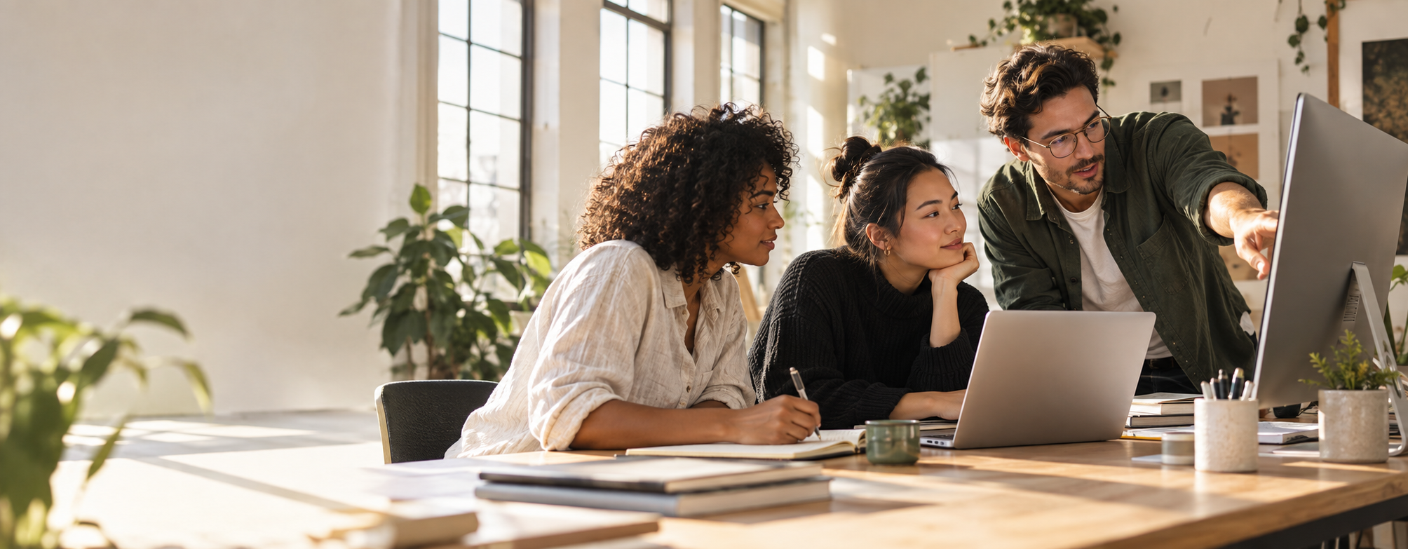 Three people discussing a digital project around a screen